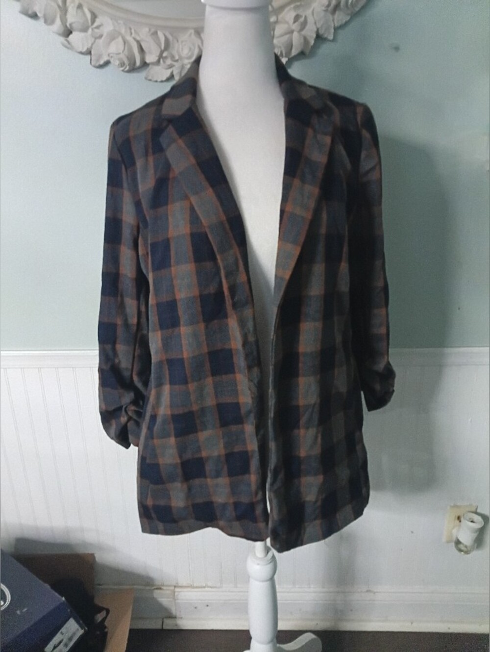 Potter's Pot Navy and Brown Plaid Open Blazer